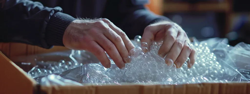 a professional packer carefully wrapping delicate glassware in bubble wrap before placing it in a moving box.