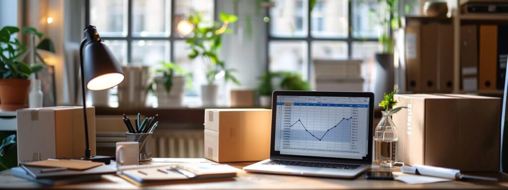 a focused view of a modern office workspace, featuring a sleek laptop and a detailed budget spreadsheet on the screen, surrounded by essential moving supplies like boxes and packing tape, symbolizing the meticulous planning of long-distance moving expenses.