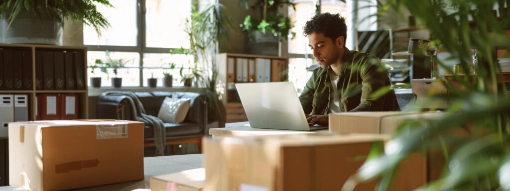 a focused view of a modern office space where a professional diligently examines a detailed moving quote on a sleek laptop, surrounded by packed boxes, highlighting the complexity of long-distance moving services.