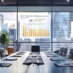 a modern office space features a sleek conference table covered with colorful charts, graphs, and calculators, illustrating a detailed breakdown of long-distance moving costs alongside practical tips for efficient relocation.