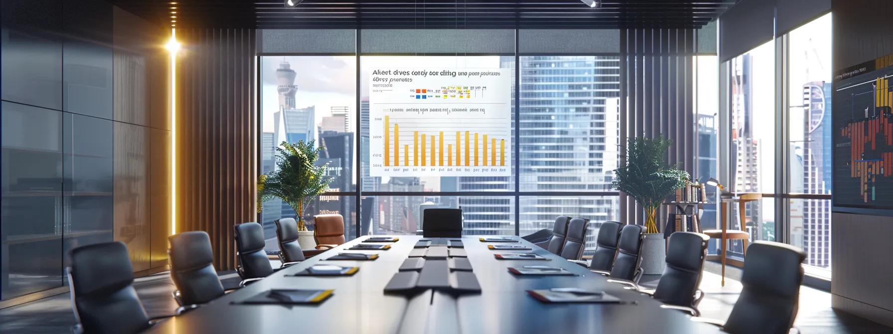 a modern office space features a sleek conference table covered with colorful charts, graphs, and calculators, illustrating a detailed breakdown of long-distance moving costs alongside practical tips for efficient relocation.