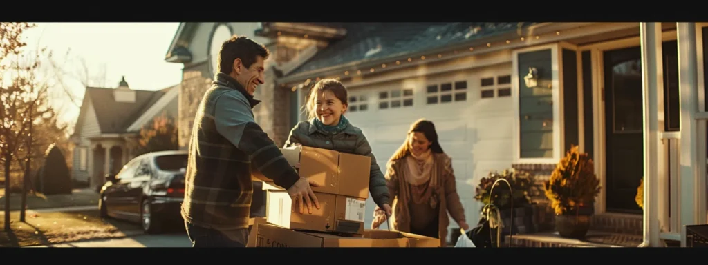 a smiling family unloading boxes from a moving truck in front of a cozy, welcoming house.