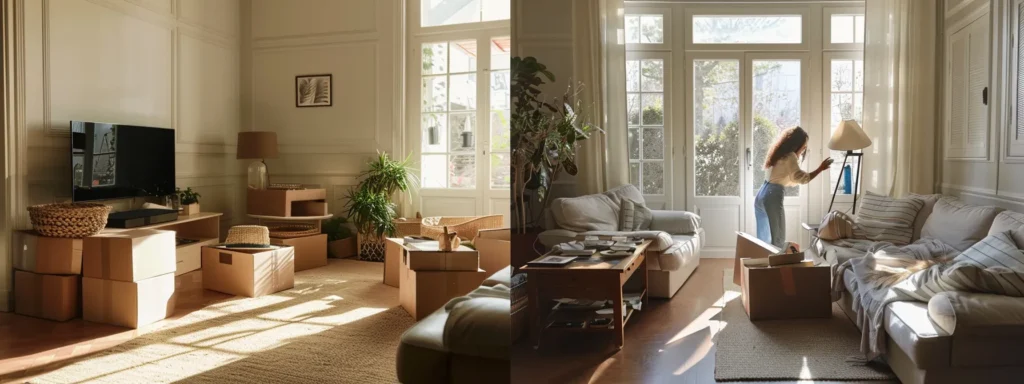 a woman effortlessly unpacking boxes in a newly organized, clutter-free living room filled with natural light.