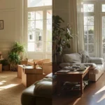 a woman effortlessly unpacking boxes in a newly organized, clutter-free living room filled with natural light.