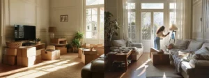 A woman effortlessly unpacking boxes in a newly organized, clutter-free living room filled with natural light.