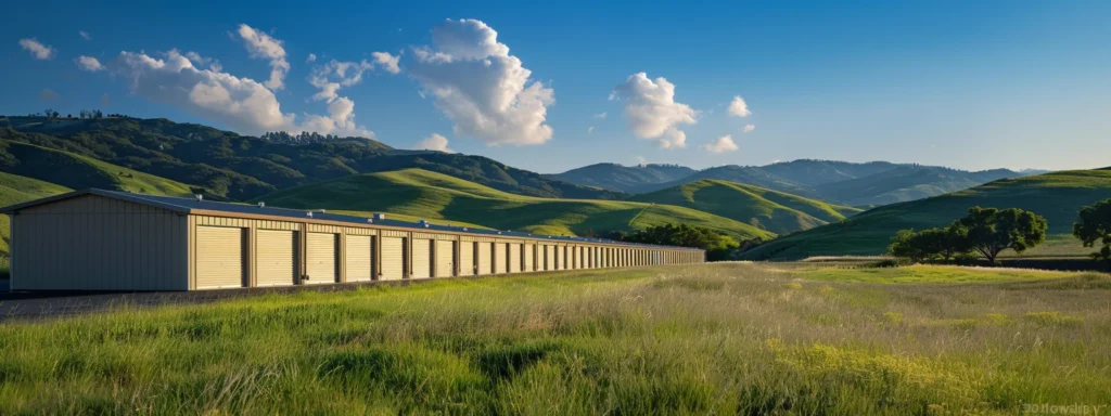 A row of sturdy, weatherproof storage units nestled among rolling green hills under a bright blue sky.