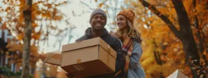 A couple smiling as they carry moving boxes through a vibrant autumn landscape in hudson valley.