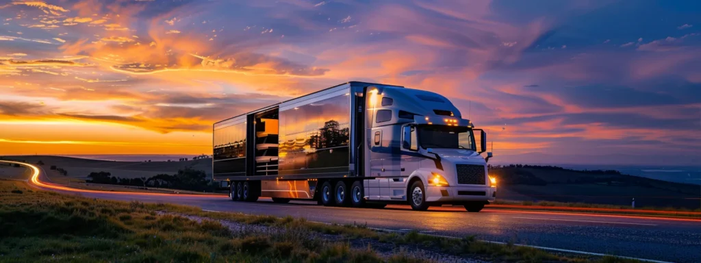 a sleek, modern auto transport truck parked in front of a scenic highway backdrop.