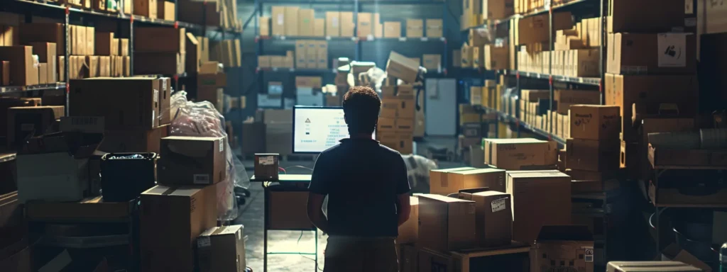 a person standing in a busy warehouse surrounded by stacks of cardboard boxes, with a computer screen displaying an instant packing services quote.