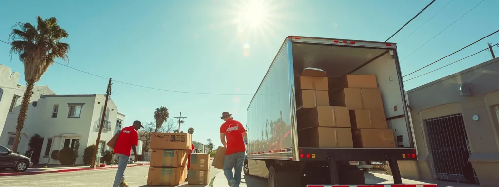 a group of professional movers carefully loading boxes and furniture into a moving truck under a bright blue sky.