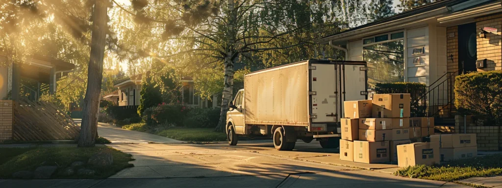 a moving truck parked in front of a sunlit house with stacks of labeled boxes ready to be loaded, creating a sense of organized preparation for an interstate move.