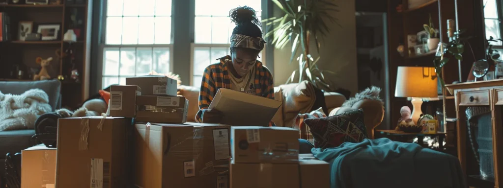 a person packing boxes with a determined expression in a cluttered living room filled with moving supplies.