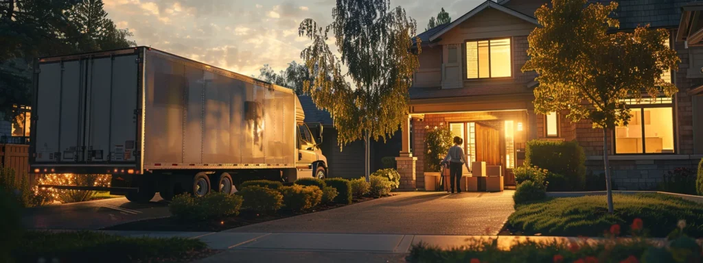 a moving truck parked in front of a cozy house with professional movers carrying boxes inside.