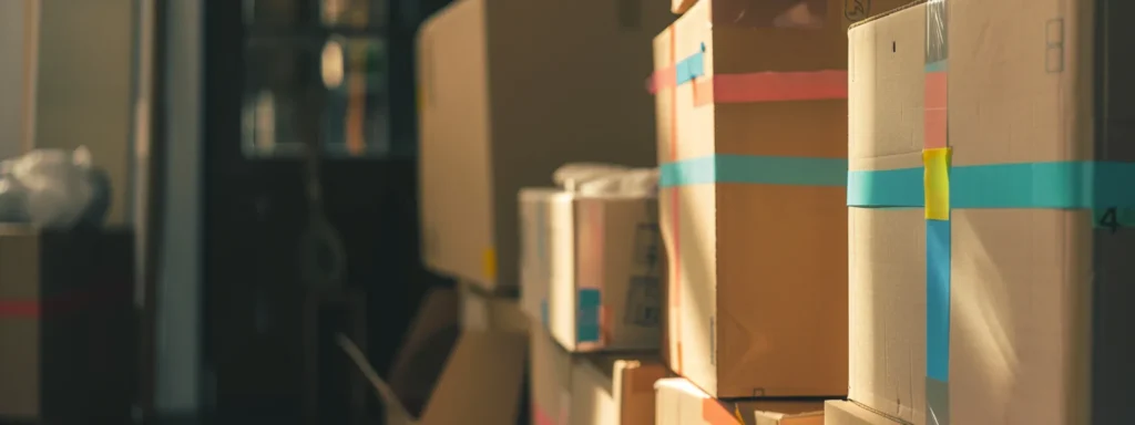 a stack of sturdy cardboard boxes labeled with colorful tape, ready to be filled with household items for a local move.