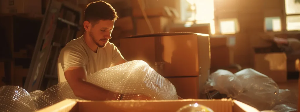 a professional moving company employee carefully wrapping fragile items in bubble wrap.