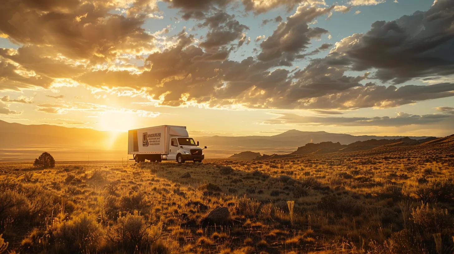 a vibrant golden-hour panorama captures a branded 26-ft your hometown mover truck perched on a ridge, with a faint coast-to-coast u.s. map subtly overlaying the sky, as a crew waves enthusiastically beneath the bold tagline ‘wherever you’re going, we can take you there!’ in clean sans-serif amidst cinematic lighting.
